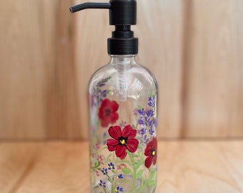 Hand painted soap bottle flowers,  floral kitchen bath decor, painted soap dispenser, bottle for hand soap , bottle for dish soap
