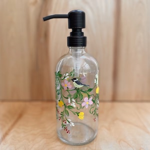 Hand Painted Chickadee Soap Dispenser: Floral Bathroom Decor