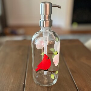 Hand painted soap dispenser red cardinal and dogwood, floral handpainted soap dispenser, Virginia flower and bird, bathroom soap bottle