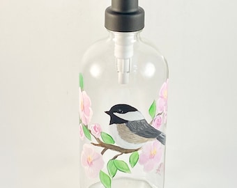 Hand Painted Chickadee Soap Dispenser: Floral Bird Bathroom Decor