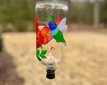 Hand Painted Glass Hummingbird Feeder: Floral Garden Decoration