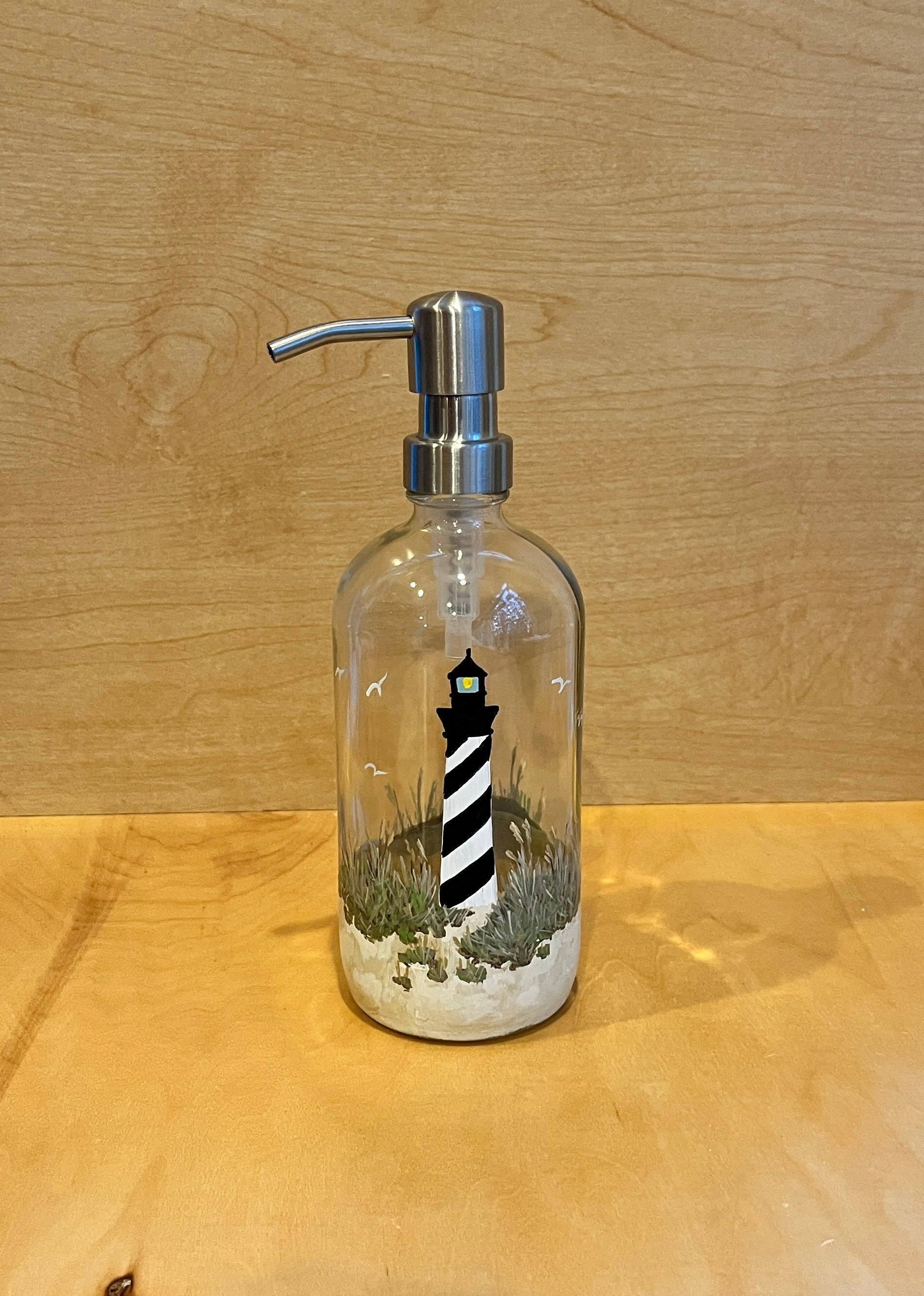 Hand Painted Soap Dispenser With Lighthouse Beach Bathroom Decor