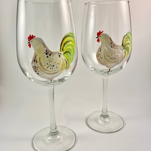 Hand Painted Rooster Wine Glasses: Farmhouse Kitchen Decor, Set of 2