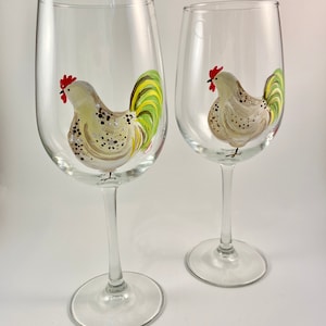 Painted Wine Glasses Rustic, Hand Painted Wine Glass, Black Rooster,  Rooster Decor, Farmhouse Decor, Country Kitchen, Hand Painted Gift 