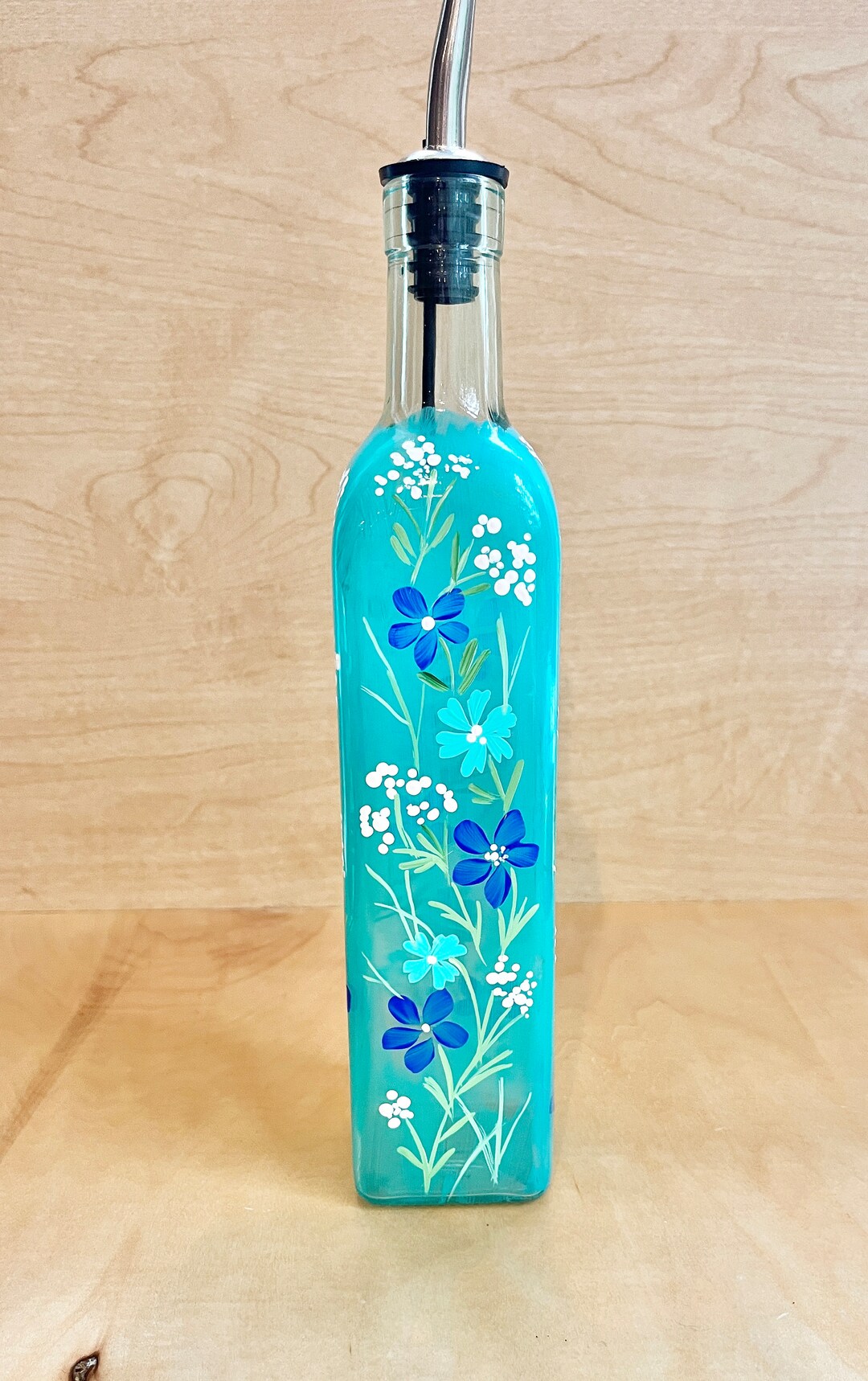 Hand Painted Oil and Vinegar Bottle With Blue, Aqua and White Flowers