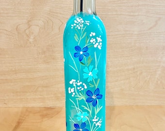 Hand painted Oil and Vinegar Bottle with blue, aqua and white flowers, country kitchen, beach decor