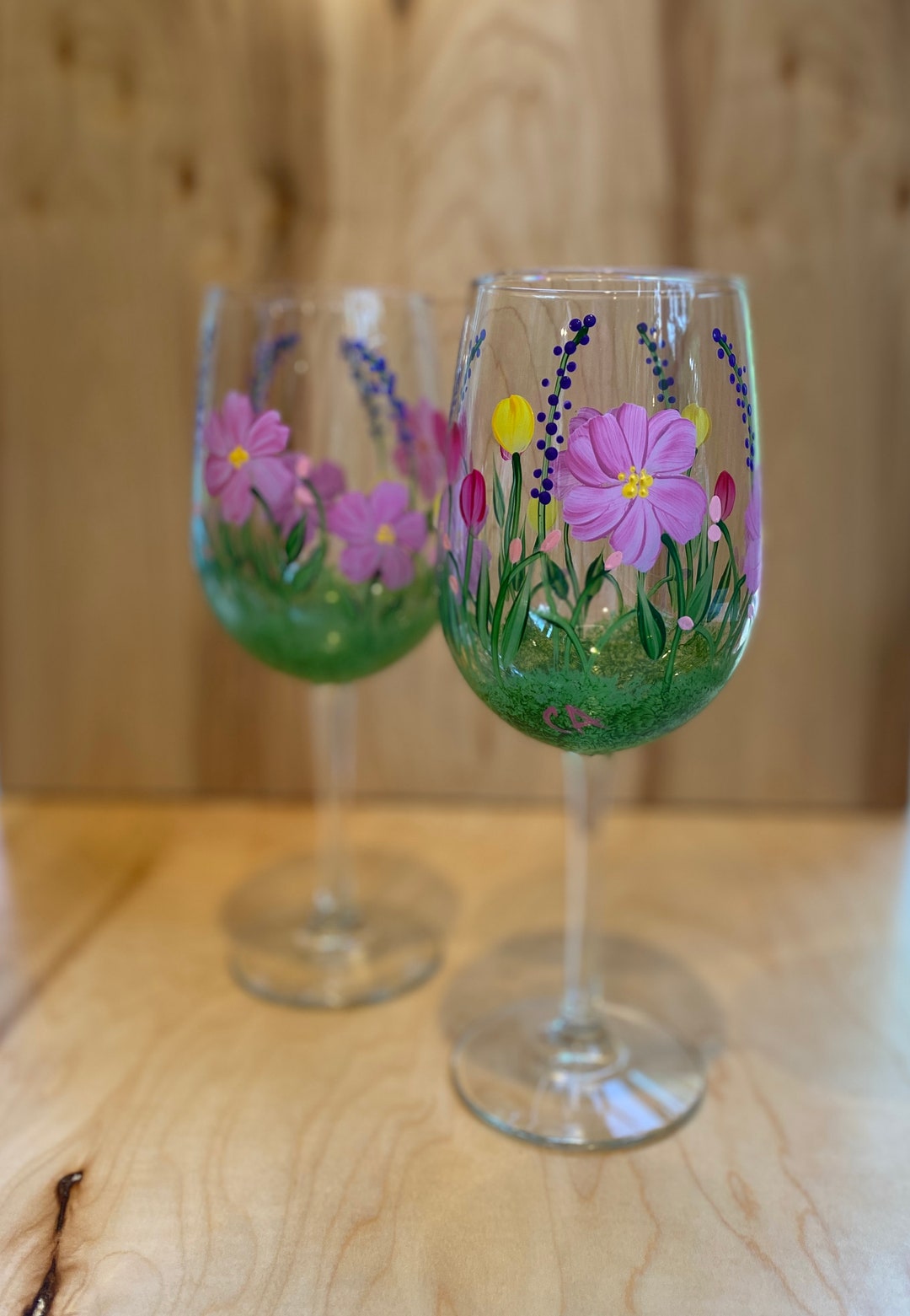 Hand Painted Wine Glasses Spring Flowers, Pretty Floral Wine Glass