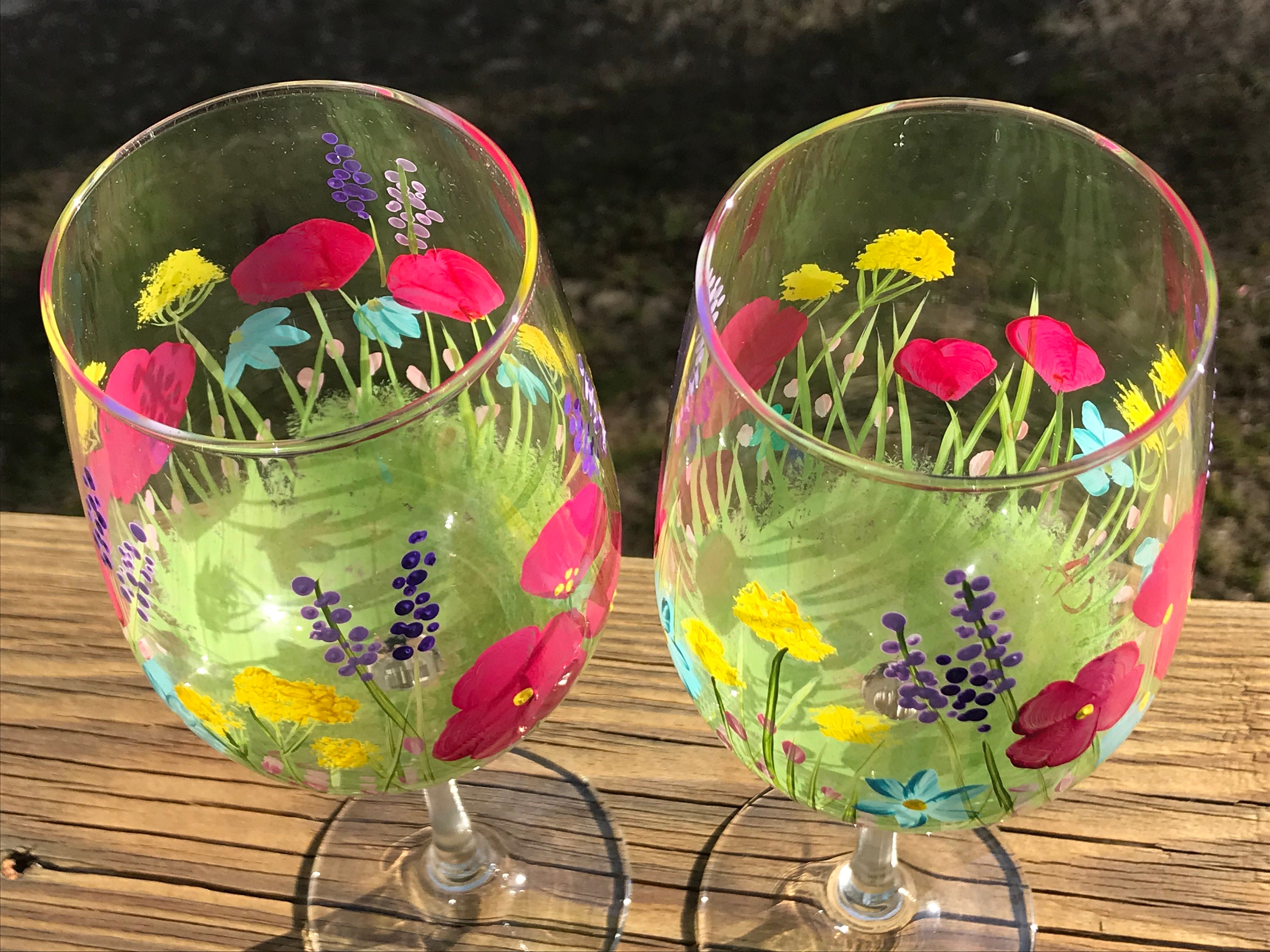 Hand painted wine glasses with flowers floral wine glass Etsy
