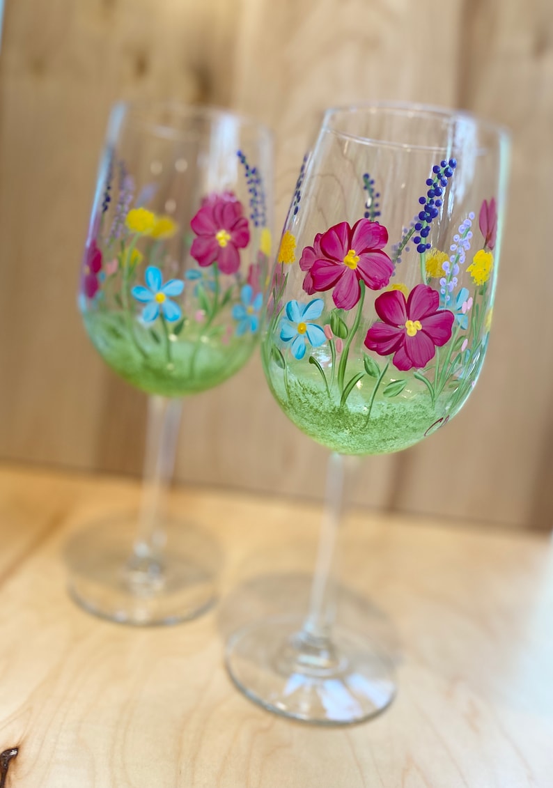 Hand Painted Wine Glasses With Flowers Floral Wine Glass Etsy