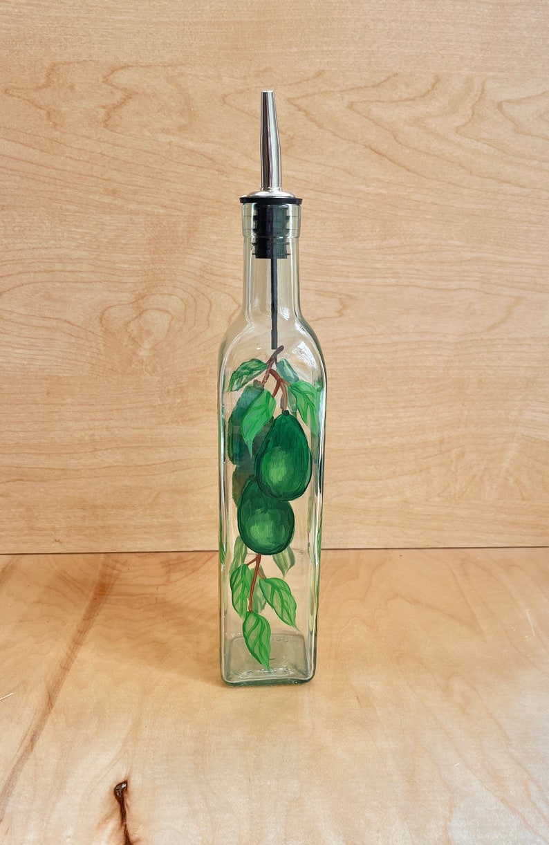 Hand painted Oil and Vinegar bottle with avocados, bottle for avocado oil, avocado oil container, avocado decor kitchen image 2