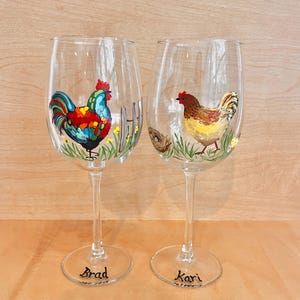 Hand Painted Rooster Wine Glasses: Farmhouse Kitchen Decor, Set of 2