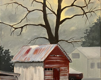 Landscape oil painting farm rural, Virginia farm barn painting, red barn in snow,  Norge VA