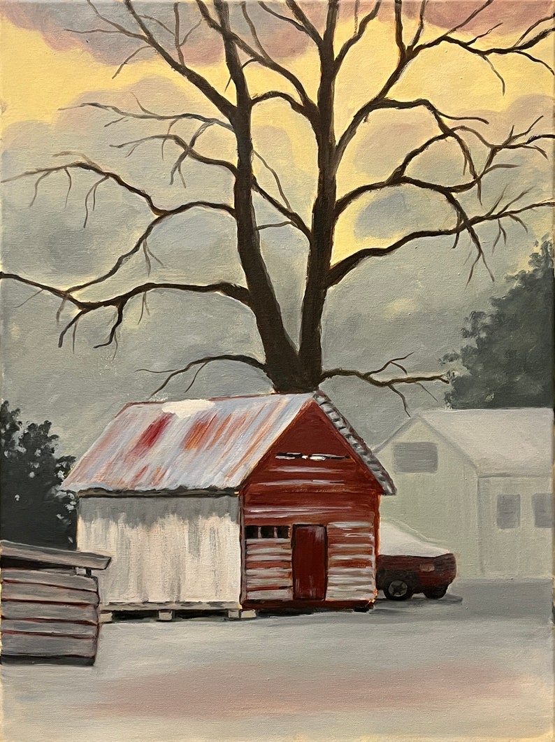 Landscape oil painting farm rural, Virginia farm barn painting, red barn in snow, Norge VA image 1