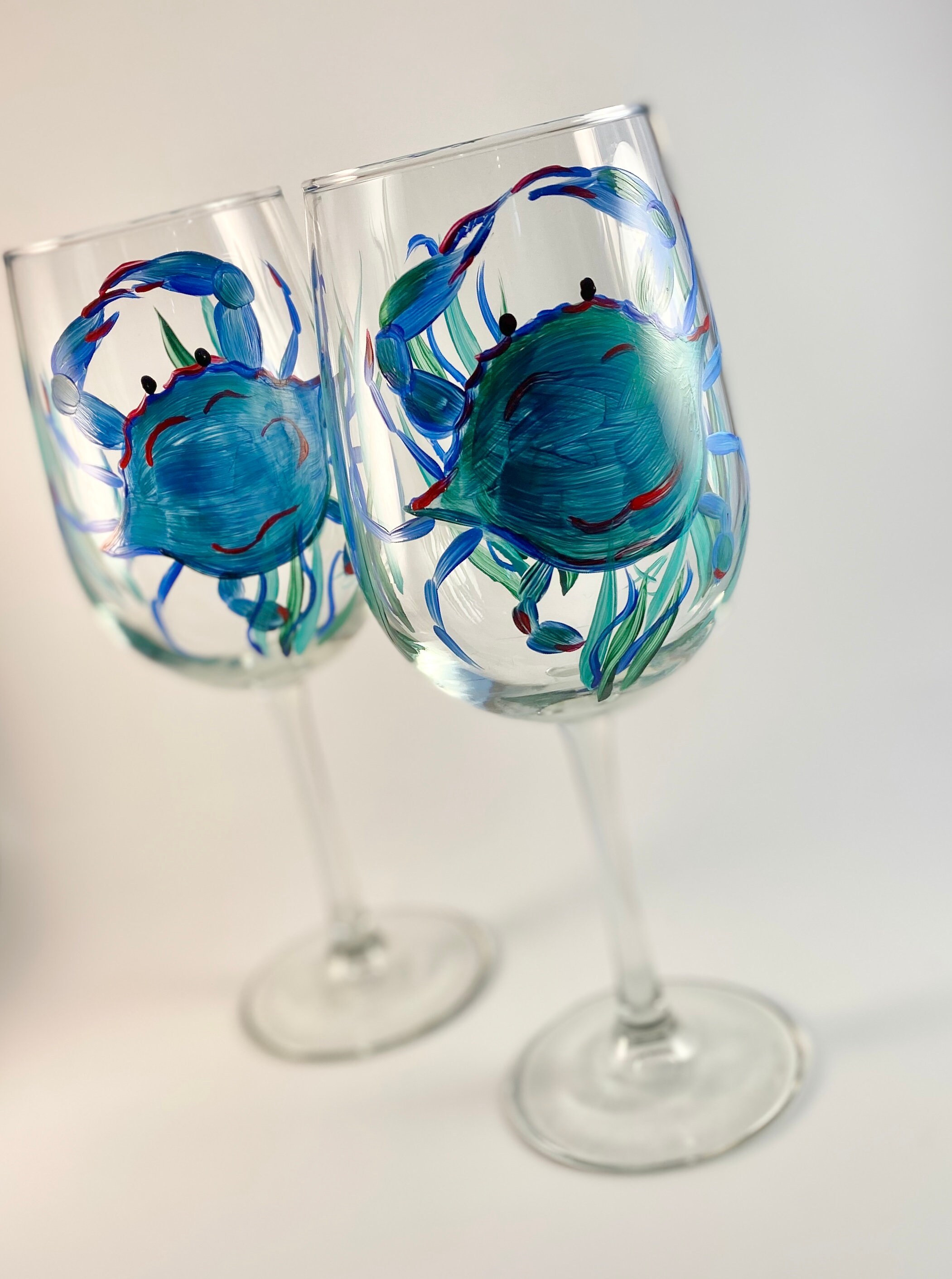 Hand painted wine glasses blue crabs crab wine glass beach Etsy