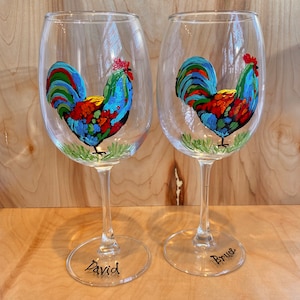 Hand Painted Rooster Wine Glasses: Colorful Farmhouse Decor, Set of 2
