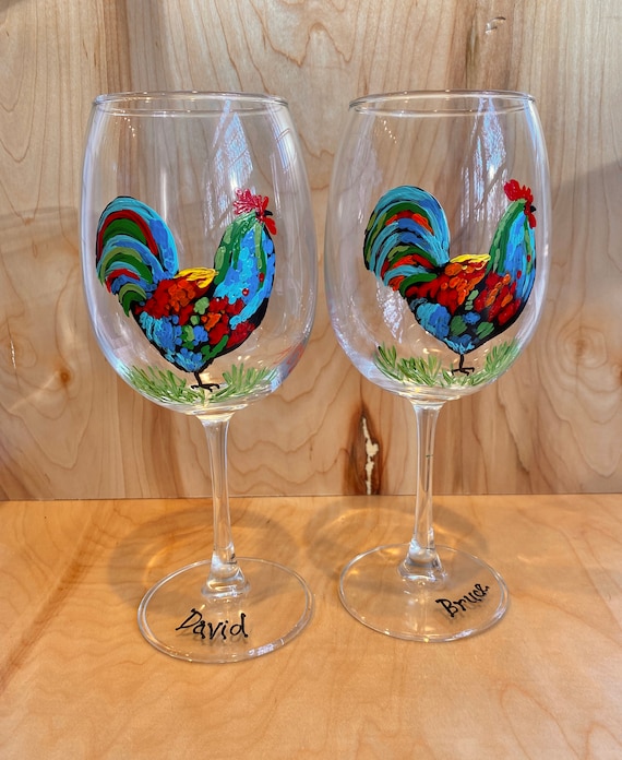 Hand Painted Wine Glasses, Rooster Decor, Farmhouse Wine Glass, Country  Kitchen, Colorful Painted Rooster 