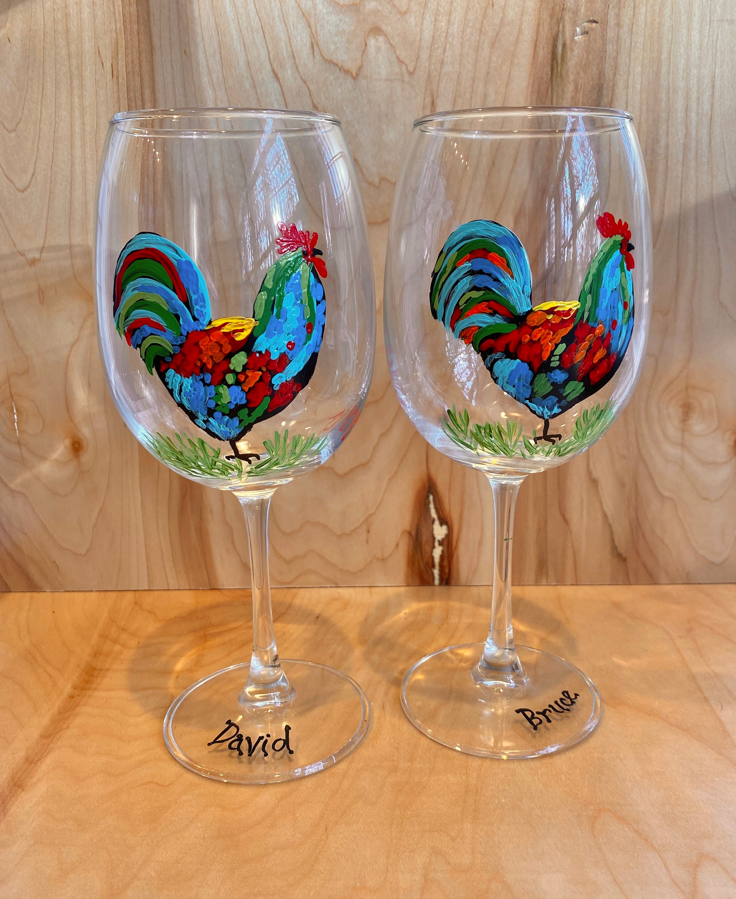 Hand Painted Rooster Wine Glasses: Colorful Farmhouse Decor, Set of 2 - Etsy