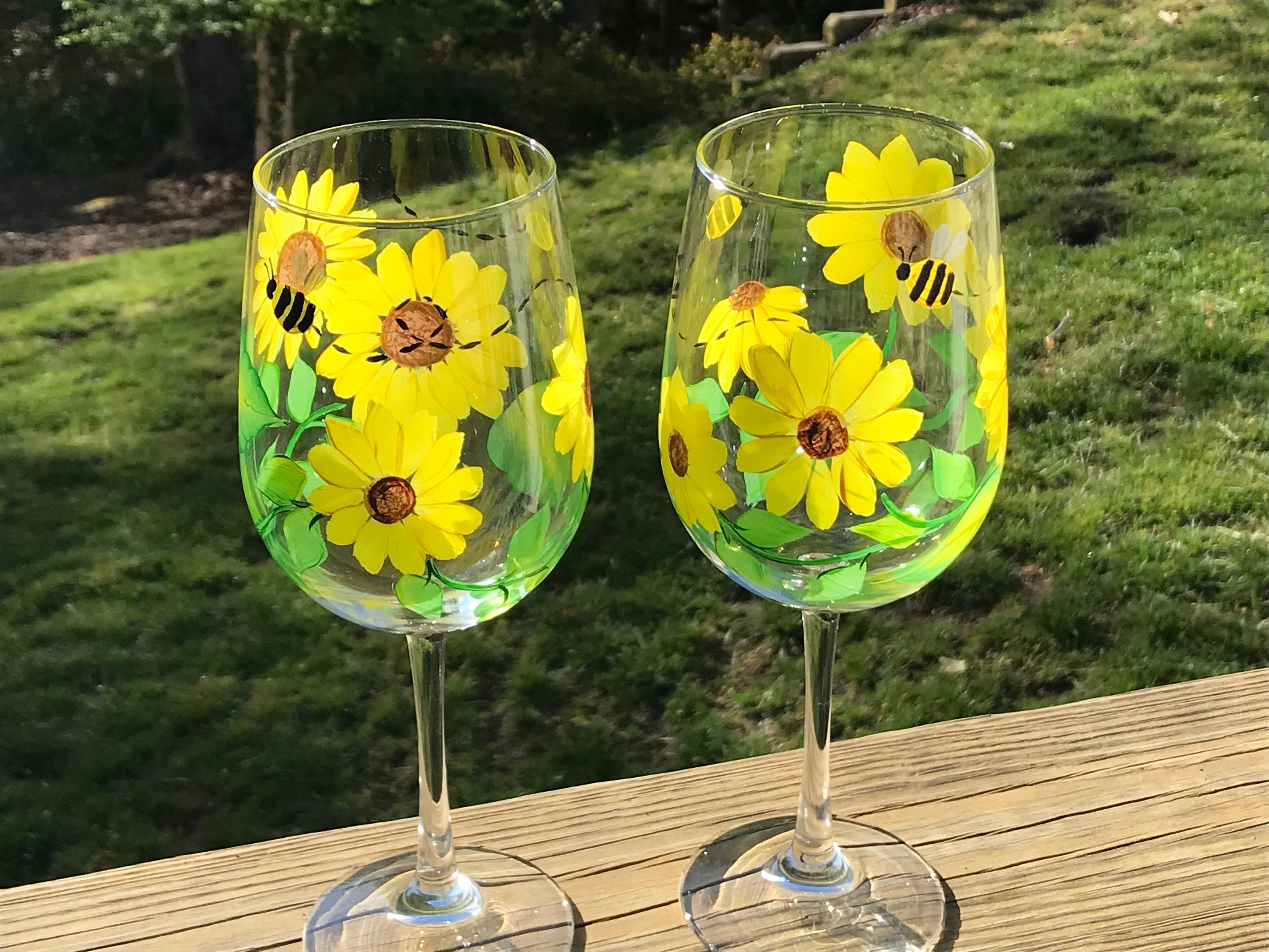 Sunflower Stemmed Wine Glasses - Gift for Women - Sunflower Kitchen Decor -  Rustic Country Farmhouse - Set of 2-12 ounce stemmed - Hand Painted