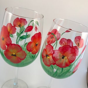 Hand Painted Wine Glasses: Red Poppy Floral Decor (Set of 2)