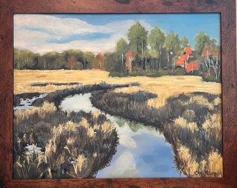 Oil painting of marsh, James river virginia tributary, fall painting of river