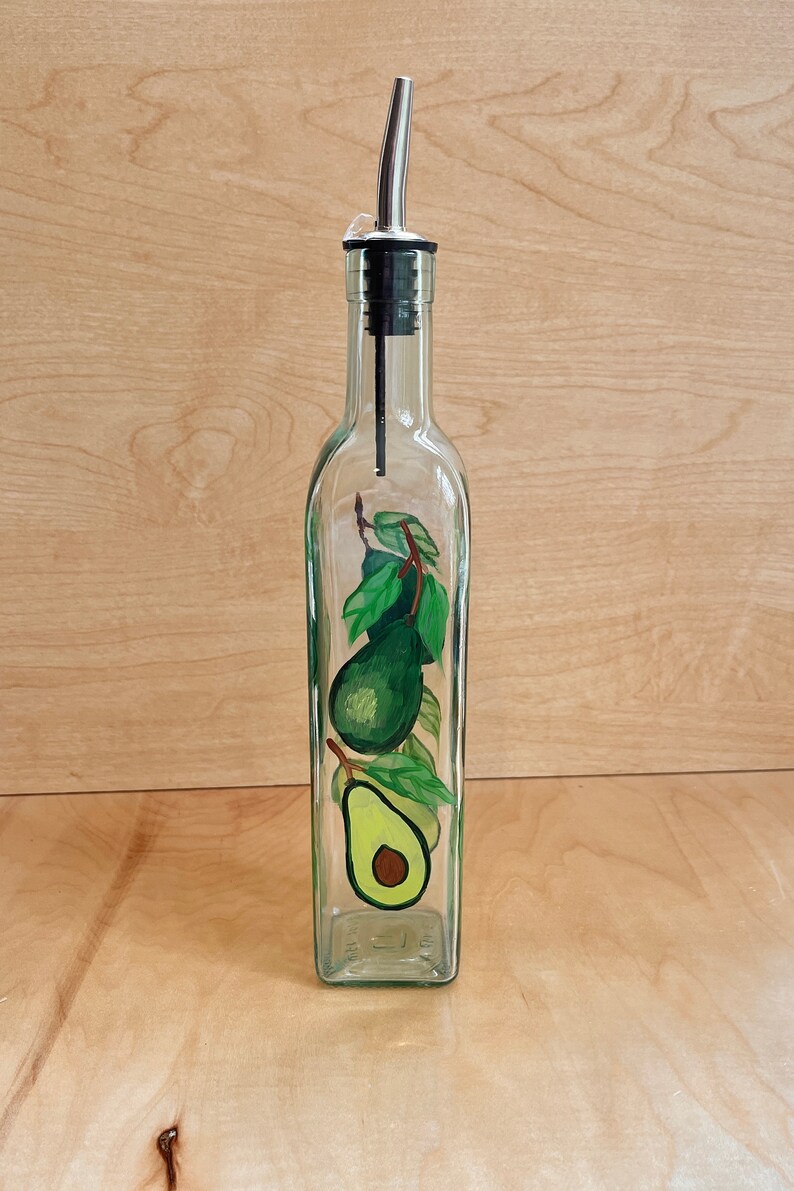 Hand painted Oil and Vinegar bottle with avocados, bottle for avocado oil, avocado oil container, avocado decor kitchen image 3