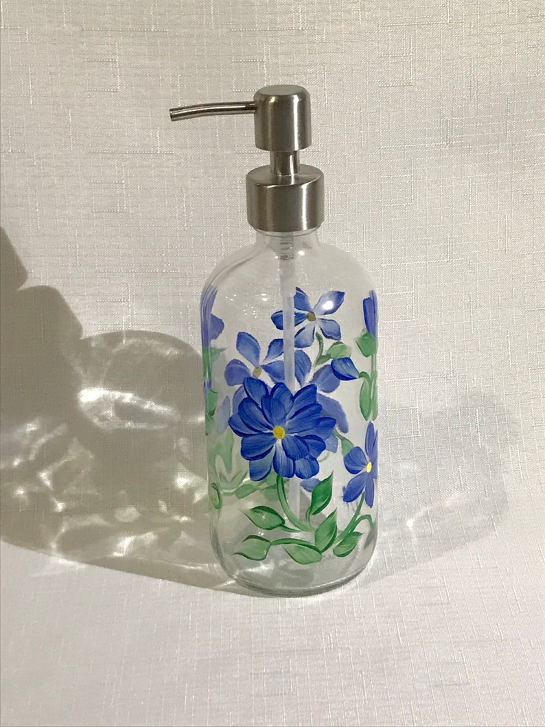 Hand painted soap dispenser blue flowers, painted soap dispenser, wildflowers, bathroom soap dispenser, dish soap bottle image 3