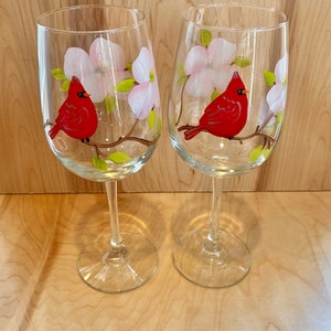 Painted wine glasses with red cardinal, hand painted wine glass with flower, Virginia state bird flower, bird nature lover, mothers day image 2