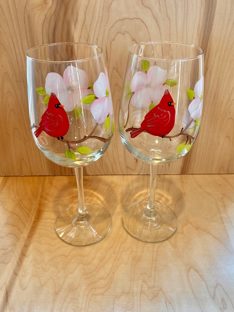 Painted wine glasses with red cardinal, hand painted wine glass with flower, Virginia state bird flower, bird nature lover, mothers day image 2