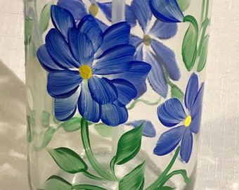 Hand painted soap dispenser blue flowers,  painted soap dispenser, wildflowers,  bathroom soap dispenser, dish soap bottle