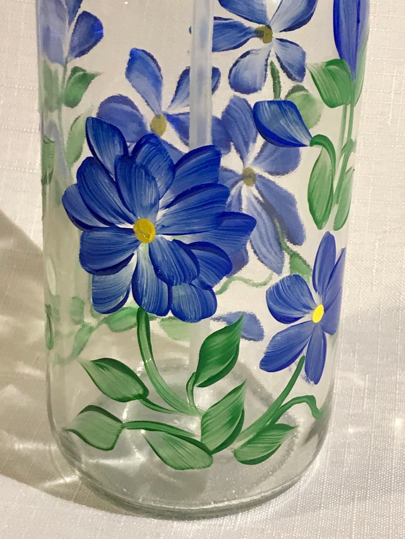 Hand painted soap dispenser blue flowers, painted soap dispenser, wildflowers, bathroom soap dispenser, dish soap bottle image 1