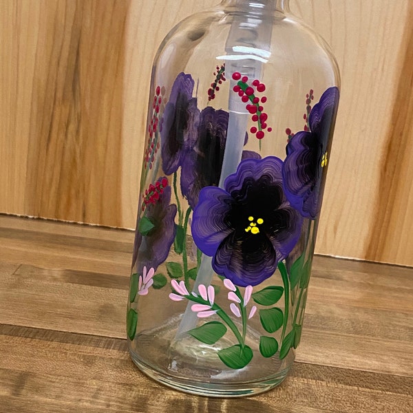 Hand-Painted Floral Soap Dispenser: Purple Pansies, Kitchen Bath Decor