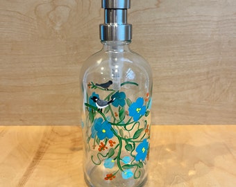 Hand painted soap bottle with blue teal flowers, chickadee and robin, pretty bottle for bathroom