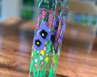 Hand Painted Floral Oil and Vinegar Bottle - Kitchen Decor