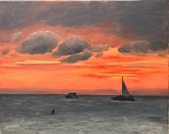 Oil painting of sunset in Aruba, tropical carribean landscape,  seascape painting, coral sunset