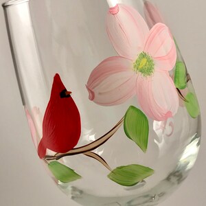 Painted wine glasses with red cardinal, hand painted wine glass with flower, Virginia state bird flower, bird nature lover, mothers day image 10