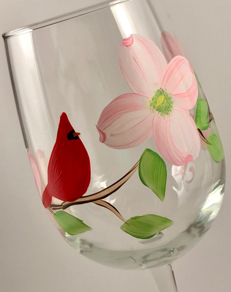 Painted wine glasses with red cardinal, hand painted wine glass with flower, Virginia state bird flower, bird nature lover, mothers day image 10