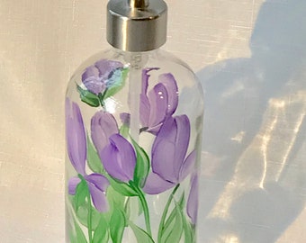 Hand painted soap dispenser purple lilies,  handpainted soap dispenser, bathroom soap dispenser, dish soap bottle, kitchen decor