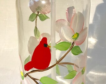 Hand painted soap dispenser cardinal and dogwood, floral handpainted soap dispenser, bathroom soap, dish soap bottle, mothers day gift