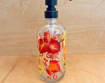 Hand painted soap dispenser for fall decor, orange red yellow fall leaves, autumn bathroom decor, soap bottle for kitchen