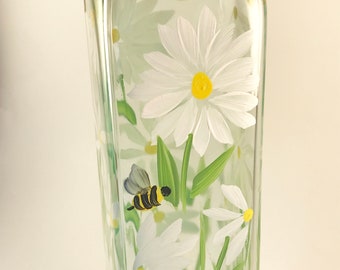 Hand Painted Daisy Oil and Vinegar Bottle: Bumblebee Kitchen Decor