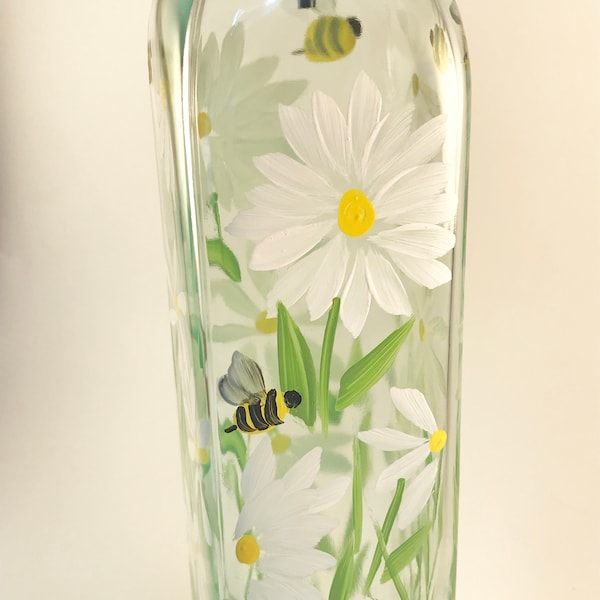 Hand painted Oil and Vinegar bottle, white daisies, yellow bumblebees, , handpainted soap dispenser, floral kitchen decor