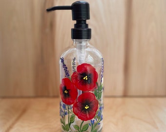 Hand painted soap bottle with red pansies, red bathroom decor, red kitchen soap bottle, pretty soap dispenser