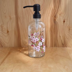 Hand painted soap dispenser with pink cherry blossoms, pink flowers soap bottle, country decor for bathroom, spring decor