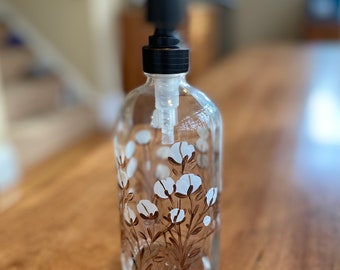 Hand painted soap dispenser with cotton blooms, fresh cotton soap bottle, country decor for bathroom