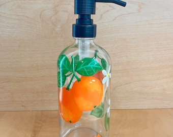 Hand painted soap dispenser with oranges, dish or bathroom soap bottle, kitchen soap dispenser, orange kitchen decor