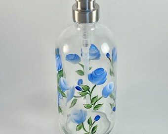 Hand painted soap dispenser with blue roses, shabby chic soap bottle, kitchen soap bottle, bathroom soap dispenser pink, cottage decor