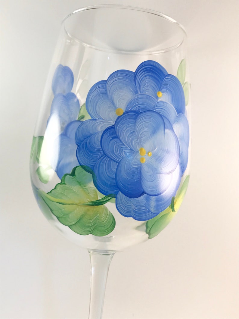 Painted Wine Glasses With Blue Flowers Floral Wine Glass Etsy