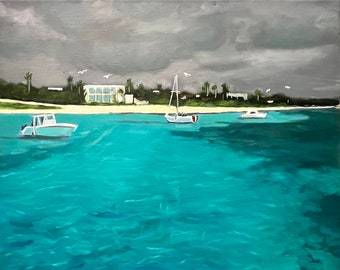 Oil painting of Aruba, tropical carribean landscape,  seascape painting, Aruba stormy afternoon