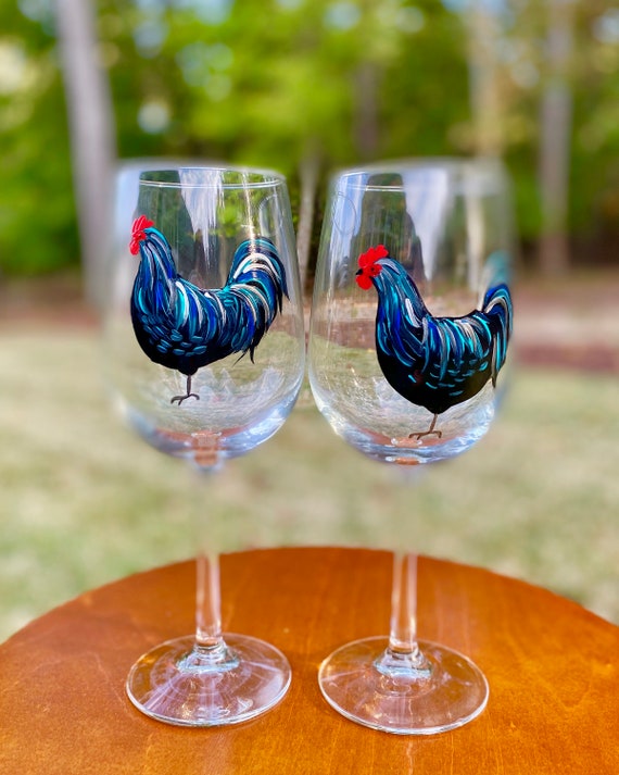 Painted Wine Glasses Rustic, Hand Painted Wine Glass, Black Rooster,  Rooster Decor, Farmhouse Decor, Country Kitchen, Hand Painted Gift 