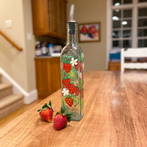 Hand painted Oil and Vinegar bottle, strawberry decor,  handpainted soap dispenser,  kitchen decor, bottle for oils